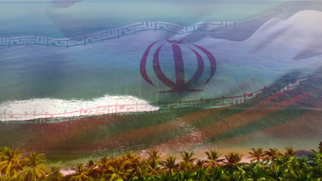 digital composition of waving iran flag against aerial view of beach and sea waves