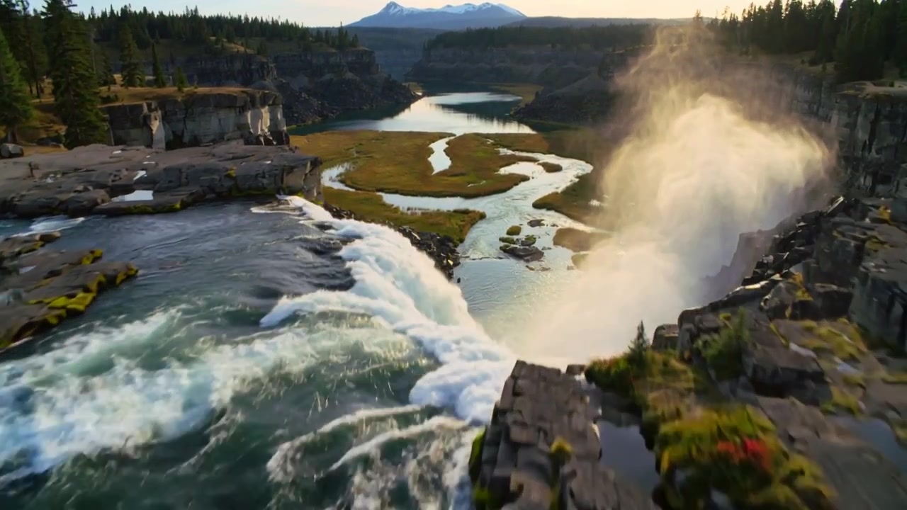 Fiume che scorre e cascata che precipita su sporgenze rocciose in un canyon fluviale, creando un pennacchio di nebbia illuminato dal sole.
