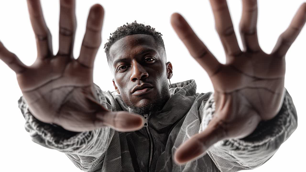 Young man reaching out his hands in slow motion on white background