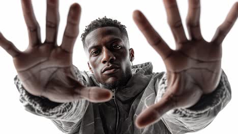 young man reaching out his hands in slow motion on white background