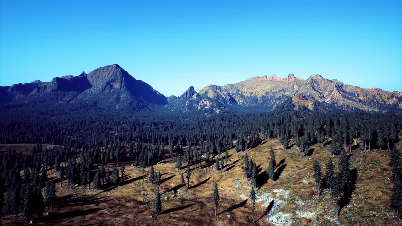 Majestic mountains and serene forests under a clear blue sky