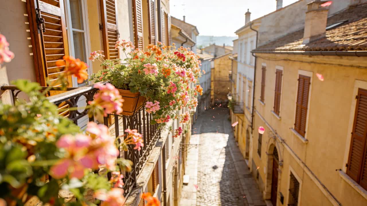 Petali portati da una leggera brezza da una fioriera sul balcone, sulla ringhiera, giù per una strada acciottolata illuminata dal sole.
