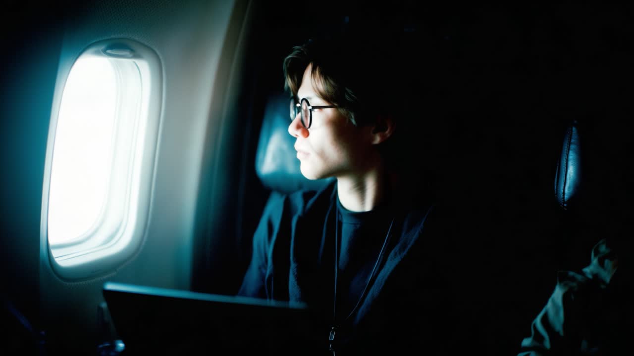 Contemplative Traveler Gazing Out of Airplane Window, Embracing Solitude and Inspiration Amidst Journey in the Clouds