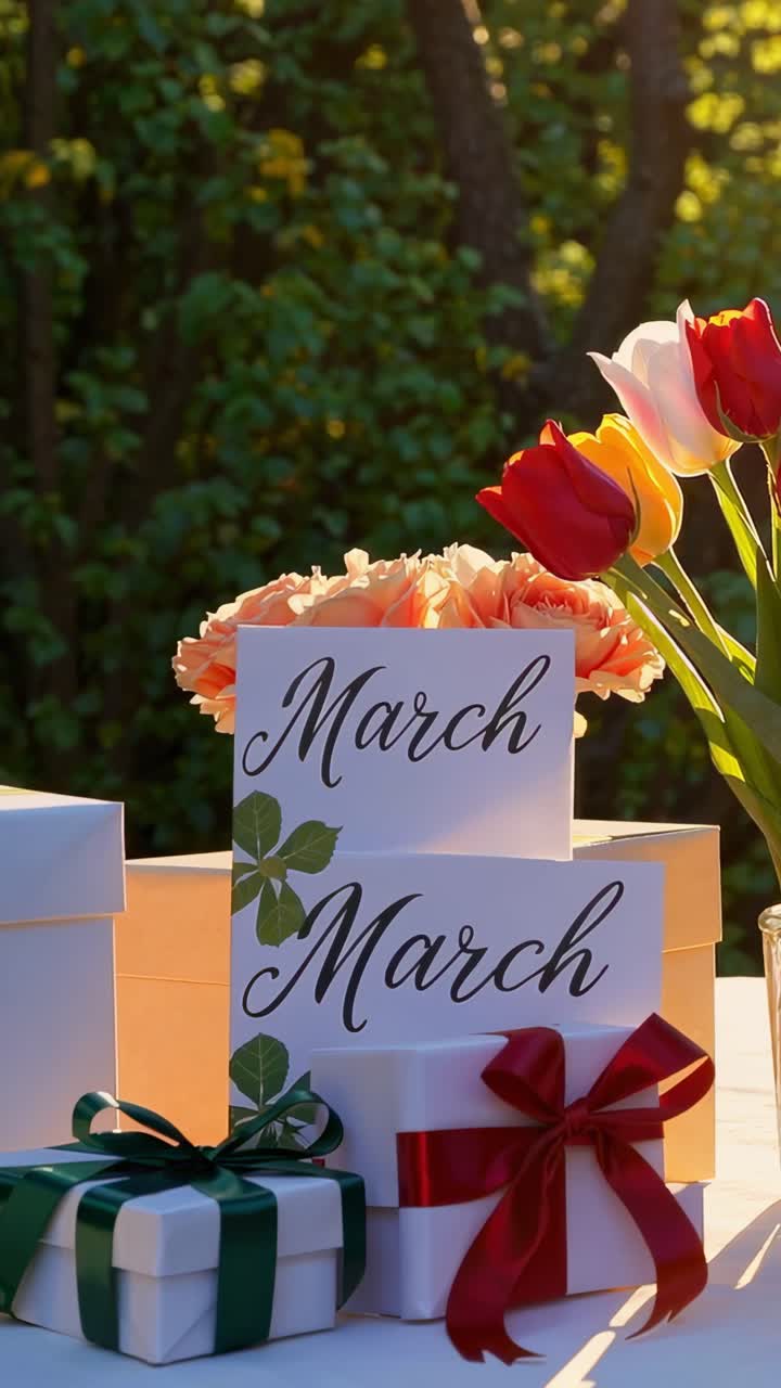 Gift boxes with colorful ribbons and spring flowers are arranged on a table with march cards, celebrating holidays like women's day and spring's arrival in a festive outdoor setting