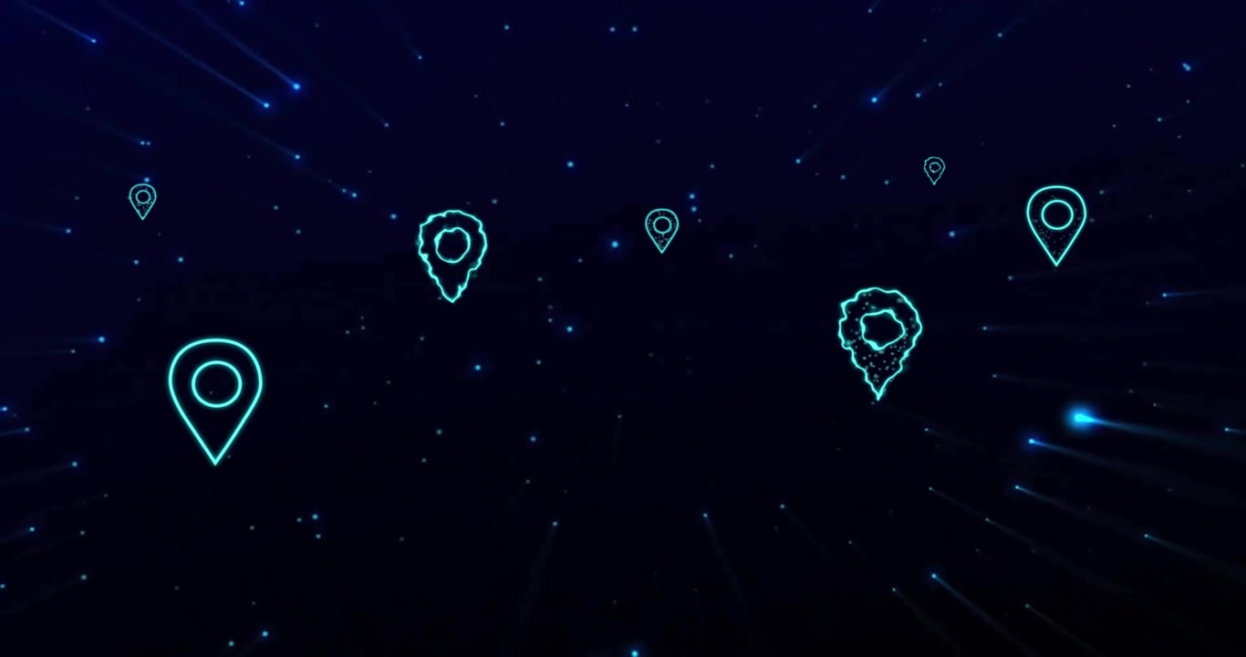 Animation of location icons with connections and data processing over dark background