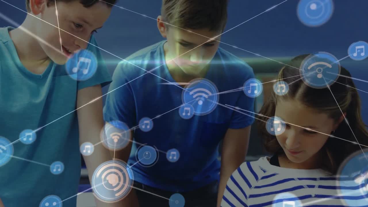 카우카스아 소녀와 소년 학습에 대한 연결의 애니메이션