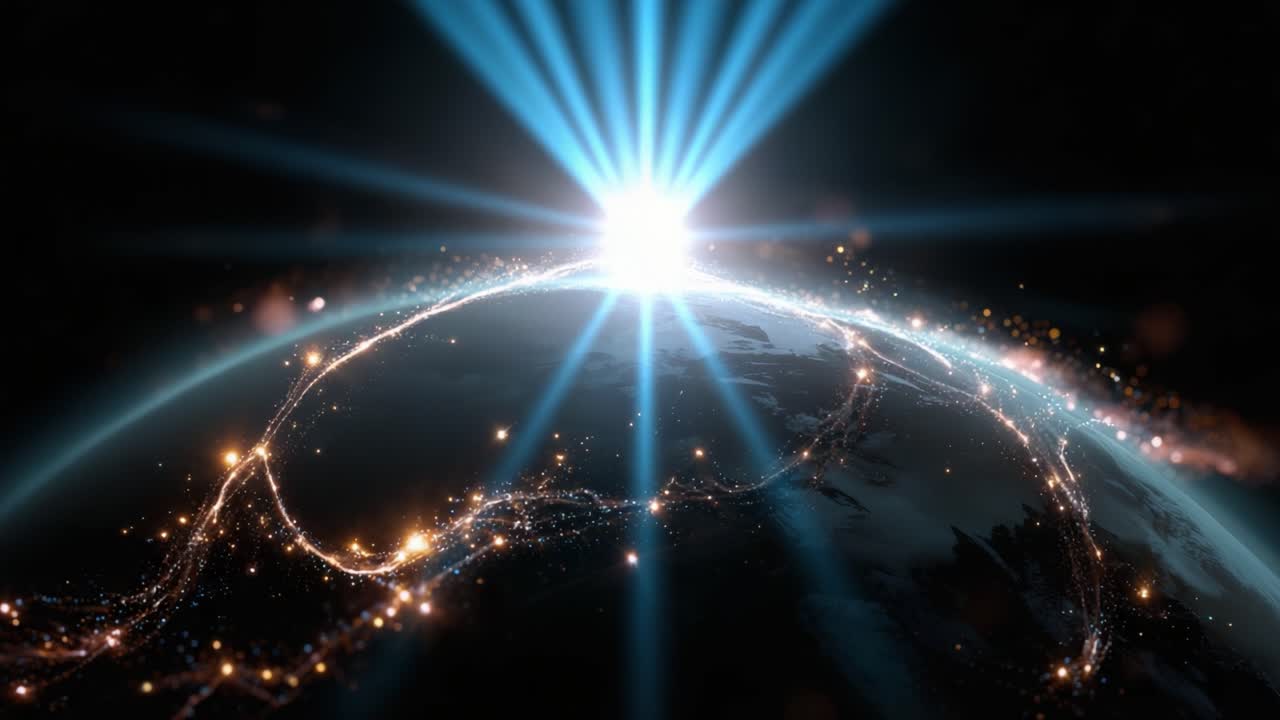 Eine atemberaubende kosmische Morgendämmerung, die die Erde mit strahlendem Licht erhellt und die faszinierende Schönheit unseres Planeten vor dem unendlichen Universum einfängt