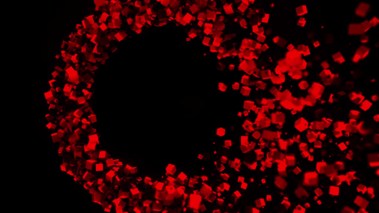 검은색 배경에서 으로 날아가는 많은 색의 은 입자의 원. - 은 피라미드와 큐브에 의해 형성 된 추상적인 반지.
