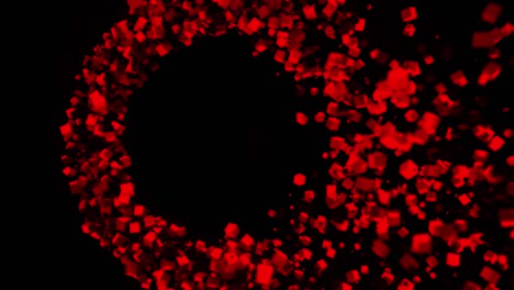 circle of many colored red particles that flying into the sides on black background. animation. abstract ring formed by tiny pyramids and cubes