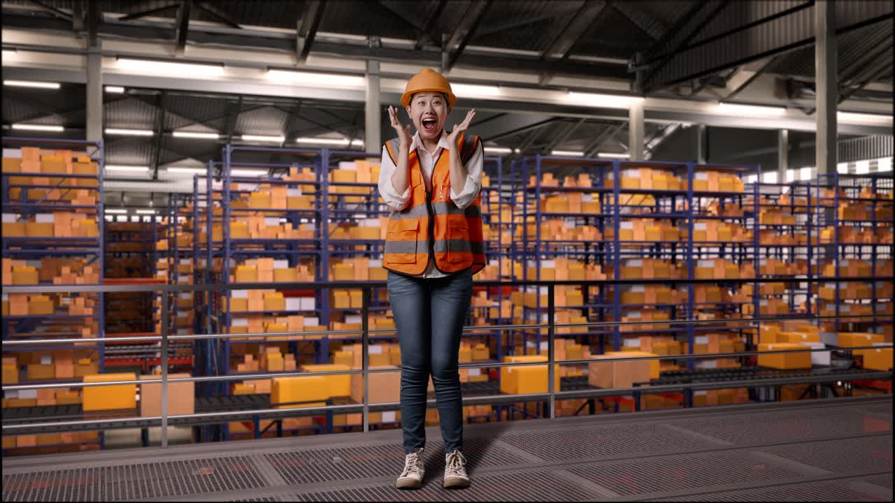 cuerpo lleno de ingeniera asiática con casco de seguridad de pie en el almacén con estantes llenos de productos de entrega. sonriendo a la cámara y diciendo wow en el almacenamiento