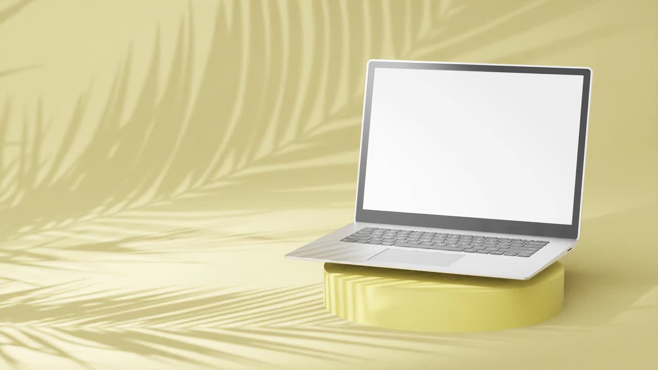 Elegant sølvfarvet bærbar computer på rund piedestal, tom skærm med palmetræsskygger på gul baggrund.
