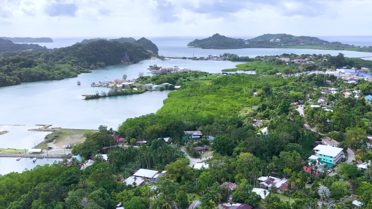 ฟุตเทจจากโดรนจับภาพเมืองบนเกาะเขตร้อนที่เขียวชอุ่ม พร้อมด้วยน้ำทะเลสีครามและพืชพรรณสีเขียวหนาแน่น