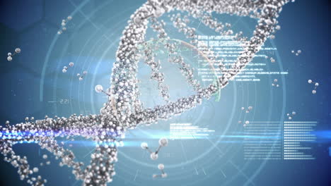 animation of dna strand spinning over medical data processing