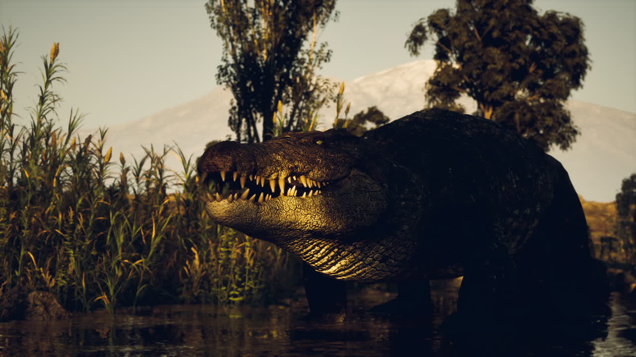 Crocodile emerges from water in a serene natural environment at sunset