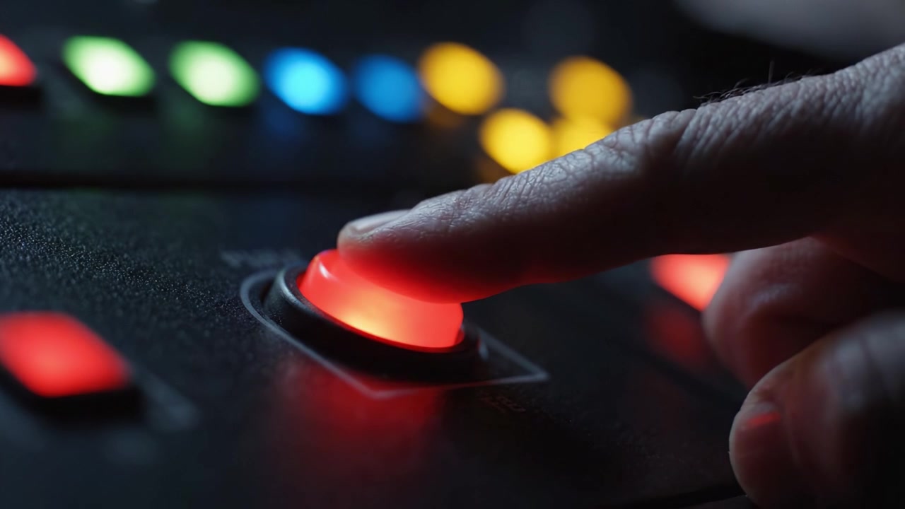 Close-Up of Illuminated Control Panel with Colorful Buttons and Knobs Emphasizing the Modern Interface of Audio or Video Equipment