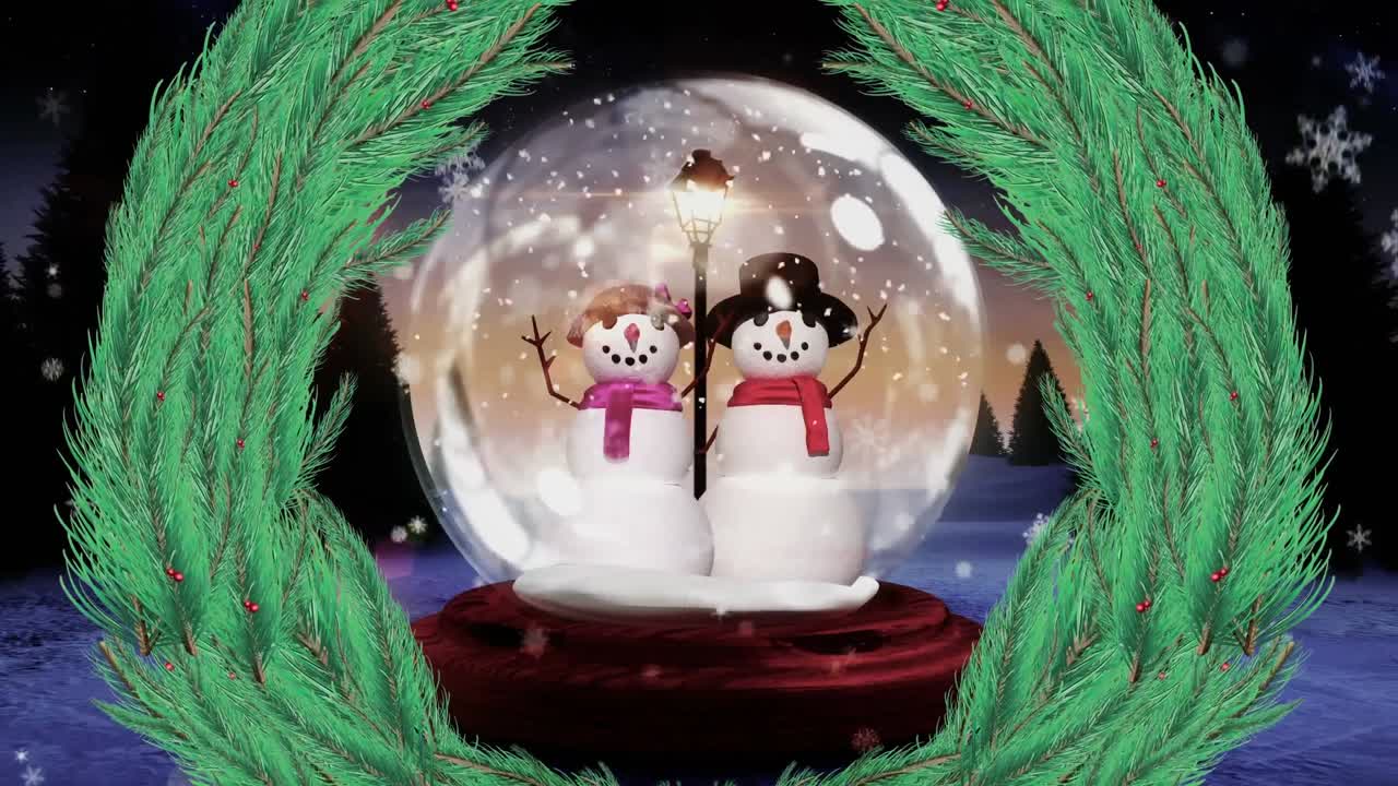 Animation of santa claus and snowman in snow globe on black background