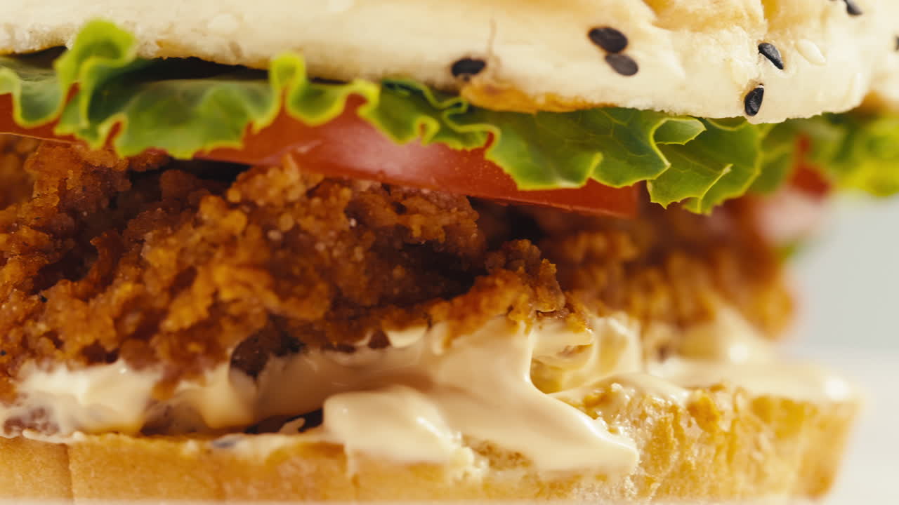 Close-up of a delicious crispy fried chicken burger
