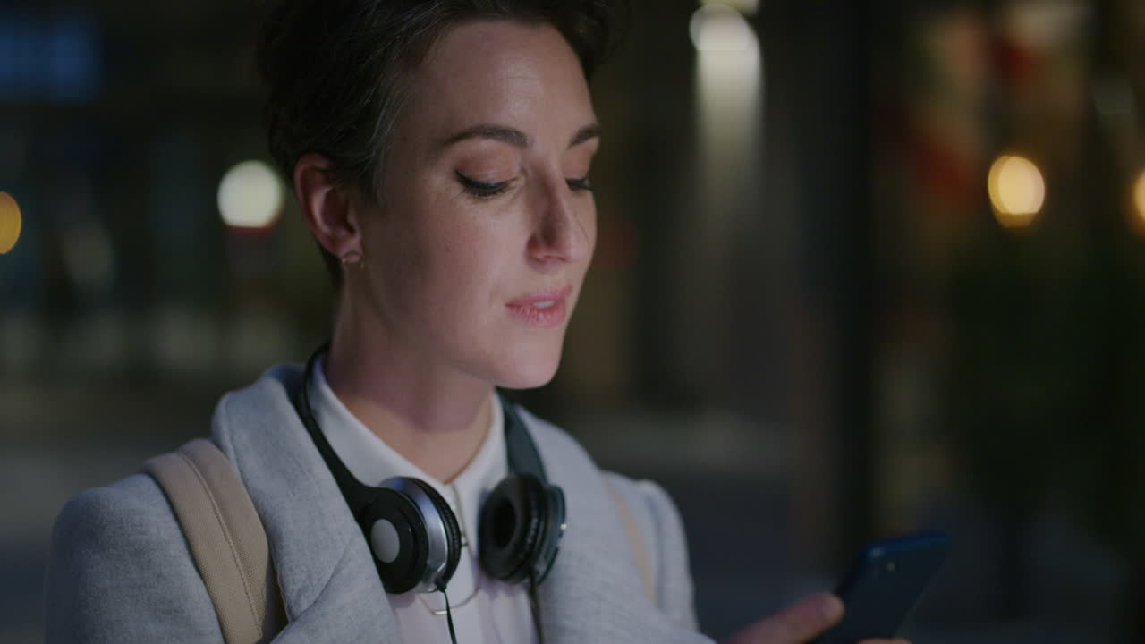 retrato de una joven mujer de negocios con estilo que usa un teléfono inteligente enviando mensajes de texto navegando por mensajes en línea disfrutando de revisar correos electrónicos en una noche urbana relajada sonriendo satisfacción