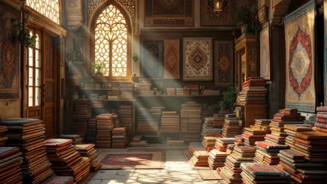 enchanting library scene with sunlight streaming through ornate windows and stacks of books