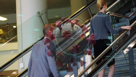 animation of floating macro covid-19 cell over mixed race man on stairs at airport