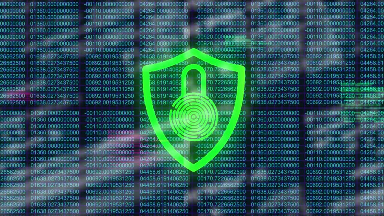 animación del procesamiento de datos del candado y la red de conexiones sobre un fondo oscuro