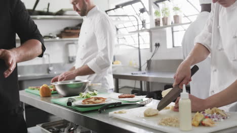 group of focused diverse male chefs preparing meals in kitchen, slow motion