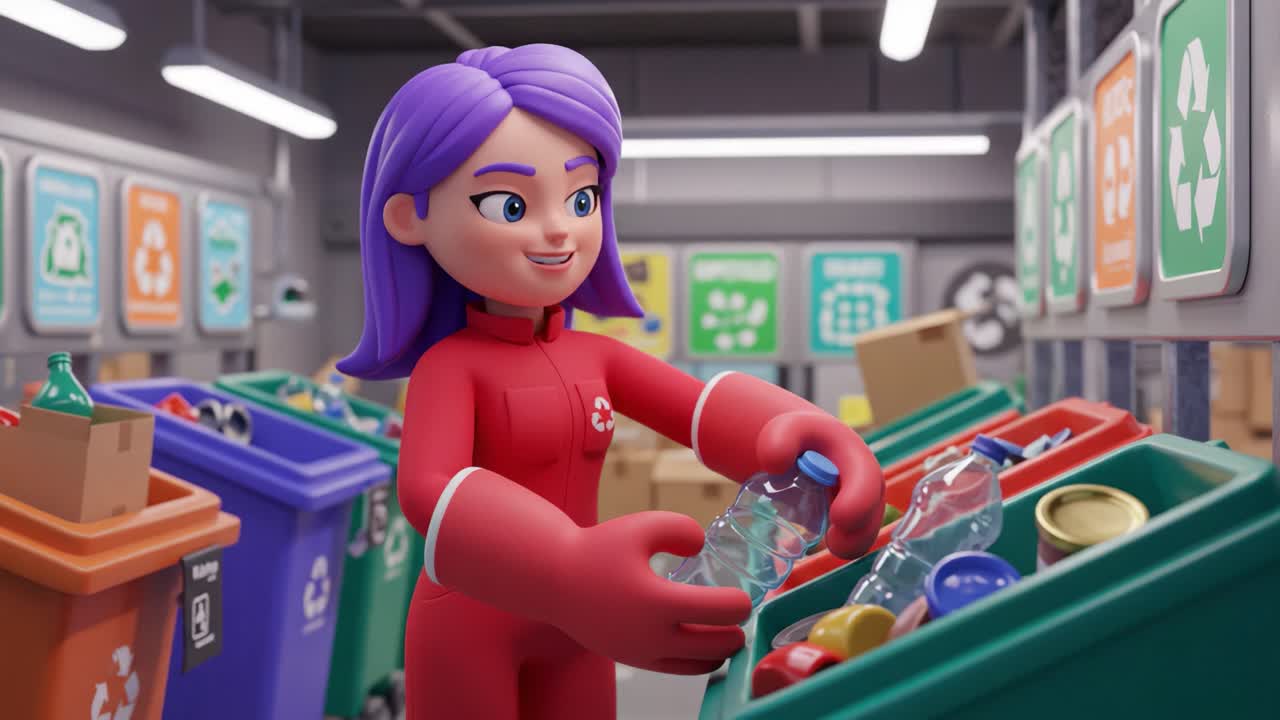 Animated Character Engaging in Recycling Activity: Promoting Eco-Friendly Habits and Waste Management in a Colorful, Clean Recycling Center