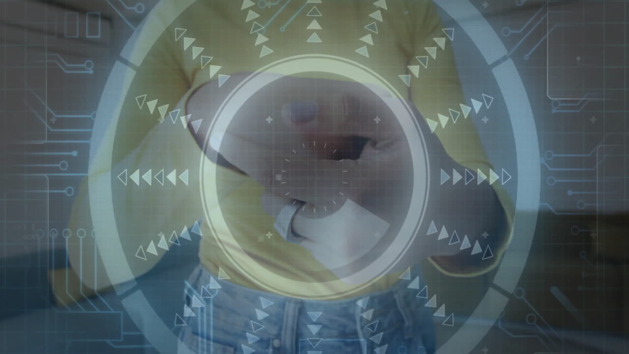 Interacting with virtual touch screen, person using futuristic animation interface