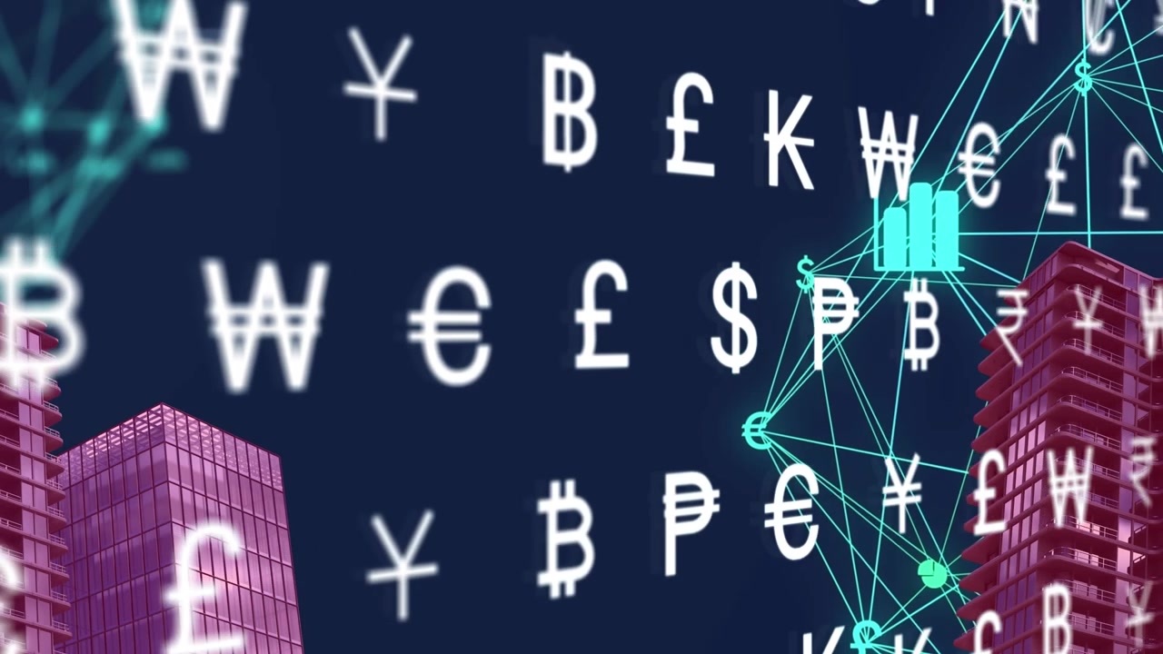 Animazione di connessioni e simboli di valuta su edifici per uffici.