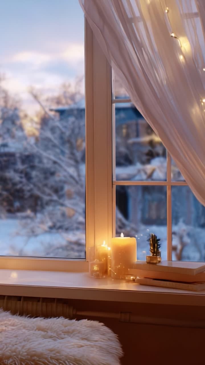Warm Winter Glow: A Cozy Window Scene Capturing the Charm of Soft Candlelight and Snowy Landscapes, Evoking Feelings of Comfort and Serenity During the Chill of Winter Evenings