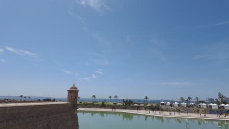 fortress with palm trees and water