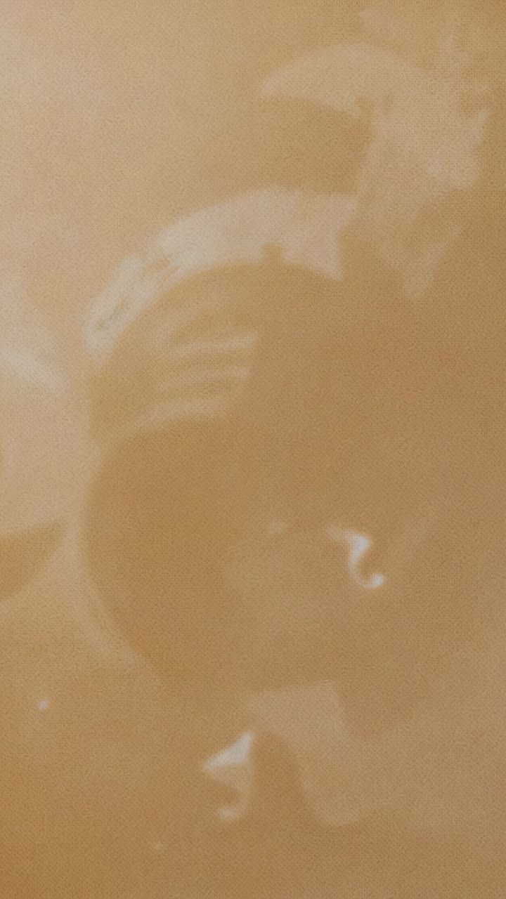 Vertical video: Growing center spot forming big black disk with halo on tan field, two dots sliding