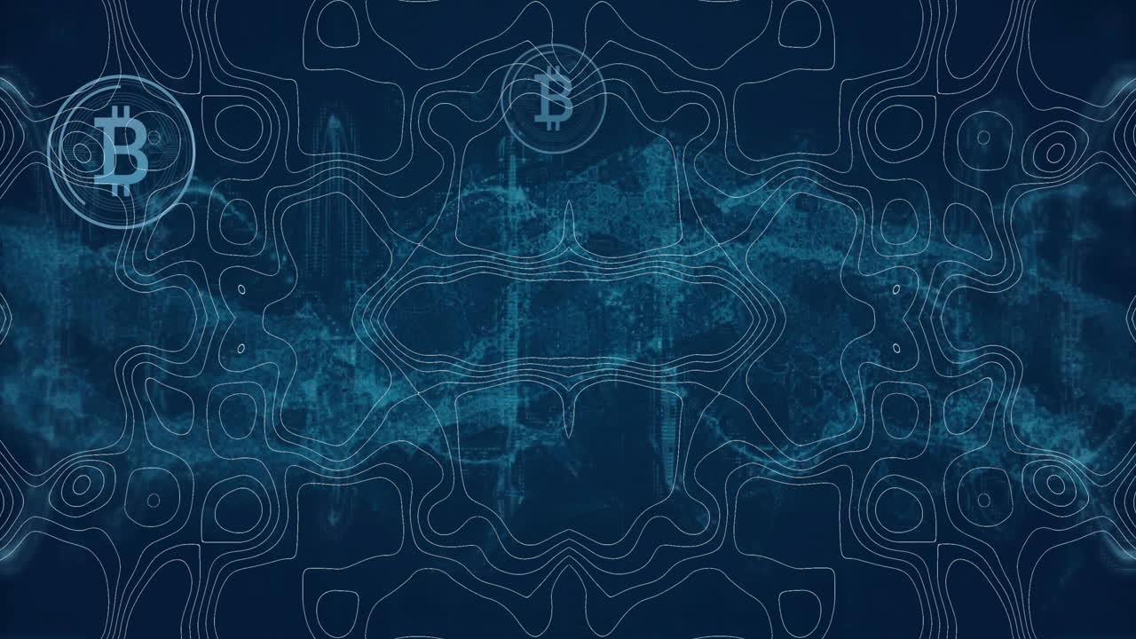 Animating Bitcoin symbols and network connections on abstract blue digital background