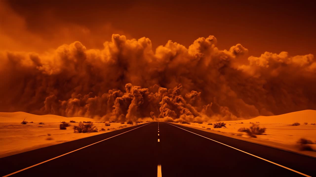 Strada nel deserto durante una tempesta di sabbia