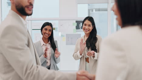businessman, handshake and applause in promotion