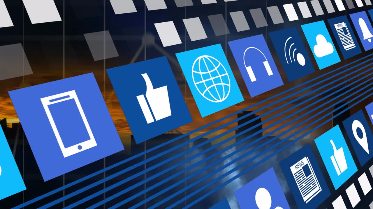 도시 풍경 위의 모양과 미디어 아이콘의 애니메이션