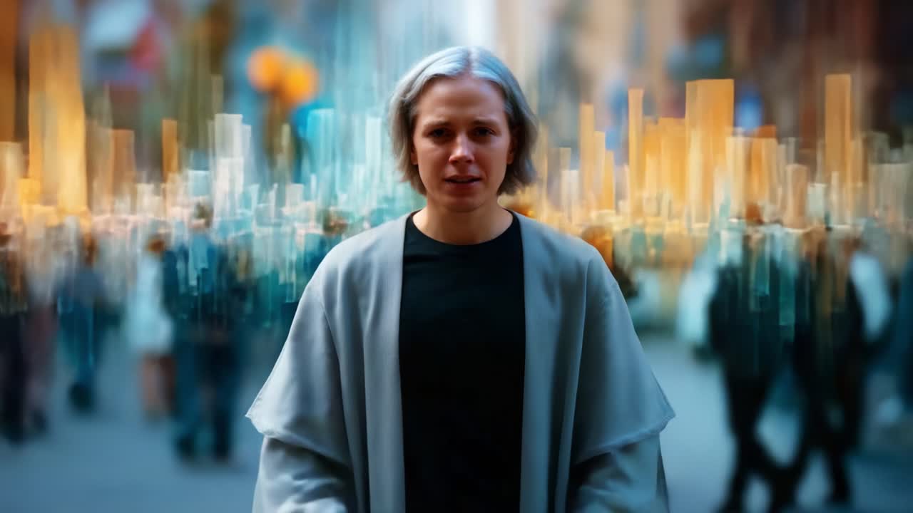 Transformative Emotional Journey: From Despair to Confidence Captured in Two Frames, Illustrating the Struggles and Triumphs of Personal Growth Amidst the Crowd