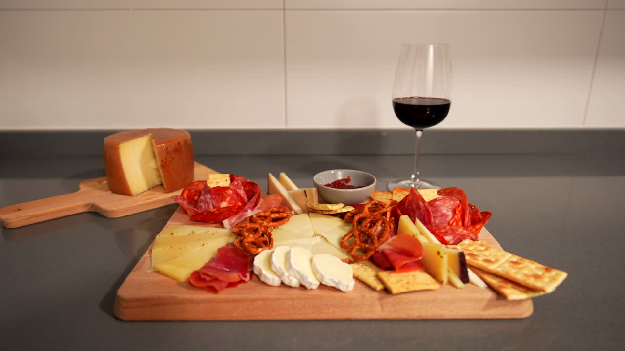 여성 손은 과 프레틀과 함께 치즈 보드 에 레드 와인 컵을 가지고 있습니다.