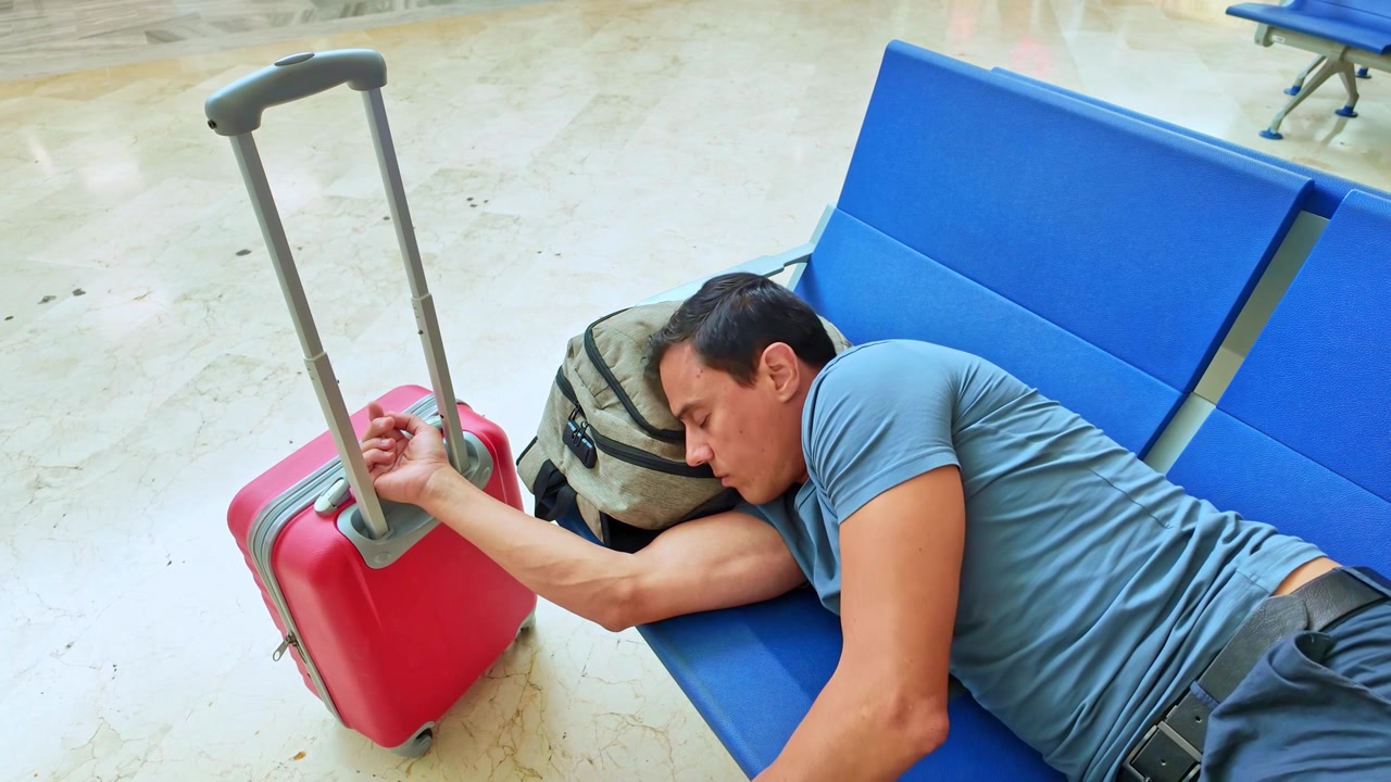 Pria pelancong yang lelah tidur di bangku bandara