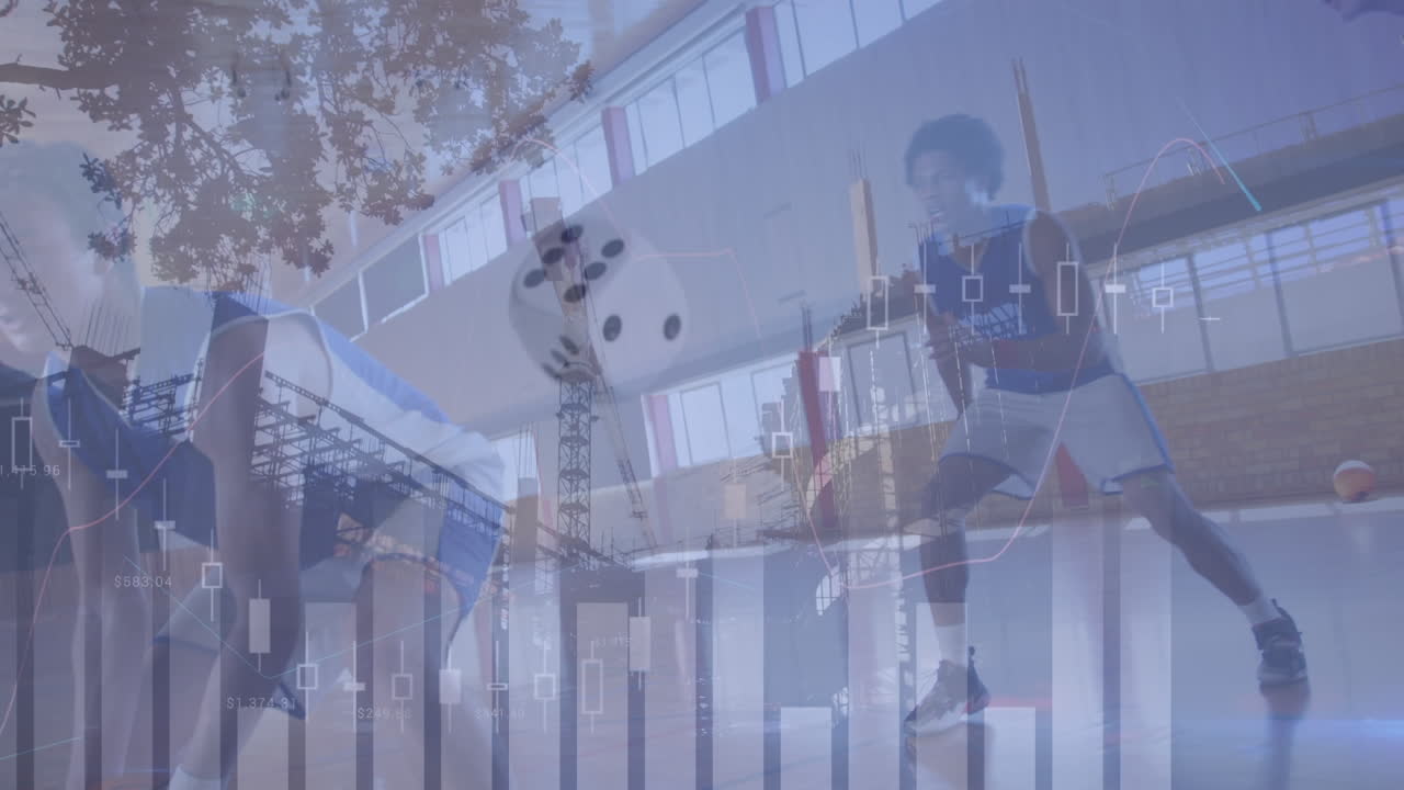 체육관에서 다양한 남성 농구 선수에 대한 데이터 처리 애니메이션