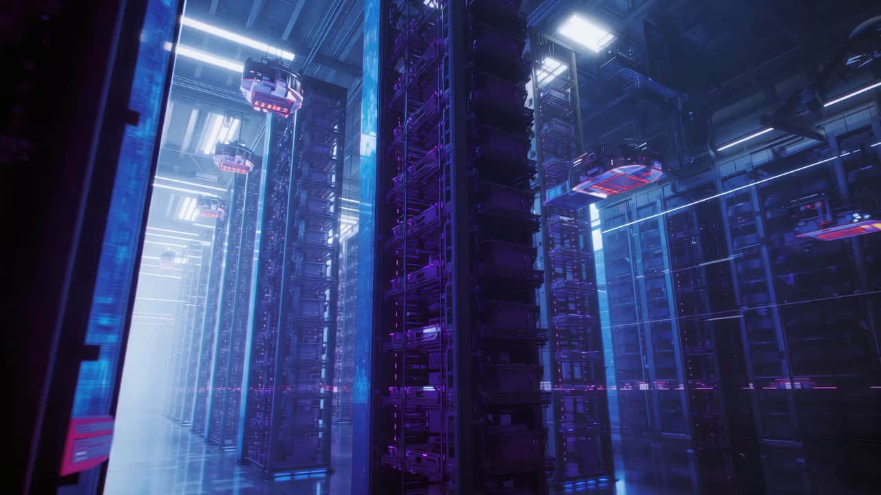 Camera gliding through neon server corridor, maintenance drone extracting glowing module for repair