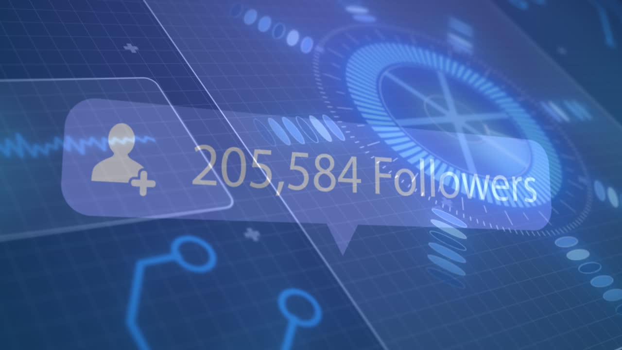 animación de la burbuja de habla con seguidores y números, escaneo de alcance en la pantalla sobre la cuadrícula