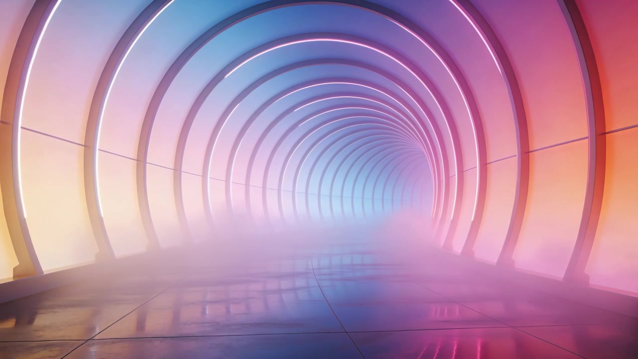 Moving camera revealing lit arched tunnel in set, ribbed arches, LED strips, fog showcasing depth