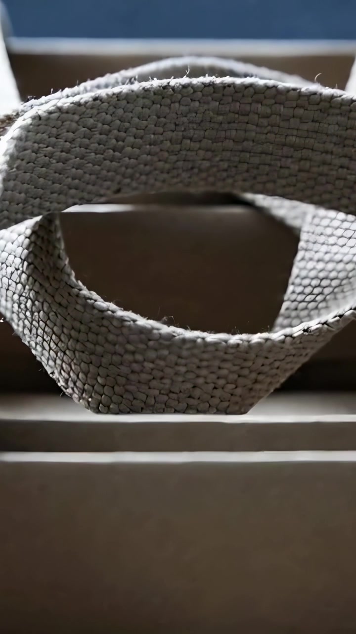 Vertical video: Moving woven tan strap loop up on cardboard as camera shifting focus showing weave