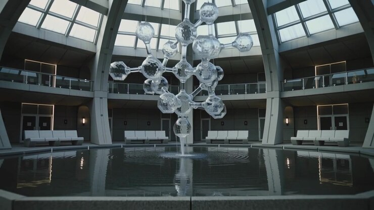 Telecamera che si allontana mostrando una scultura in vetro sospesa che versa acqua in una vasca sotto un lucernario