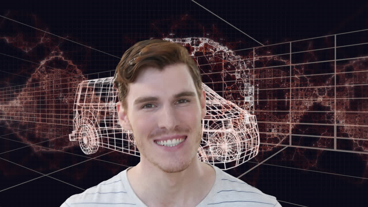 animación de hombre caucásico sobre cadena de adn, cerebro humano, modelo de dibujo 3d de furgoneta y cuadrícula