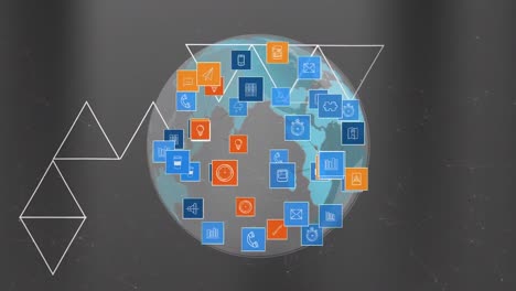 Animation-Von-Symbolen-über-Dem-Globus-Und-Sich-Drehenden-Dreiecken-über-Verbundenen-Punkten-Vor-Grauem-Hintergrund