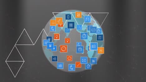 animación de iconos sobre el globo y triángulos en bucle sobre puntos conectados contra un fondo gris.