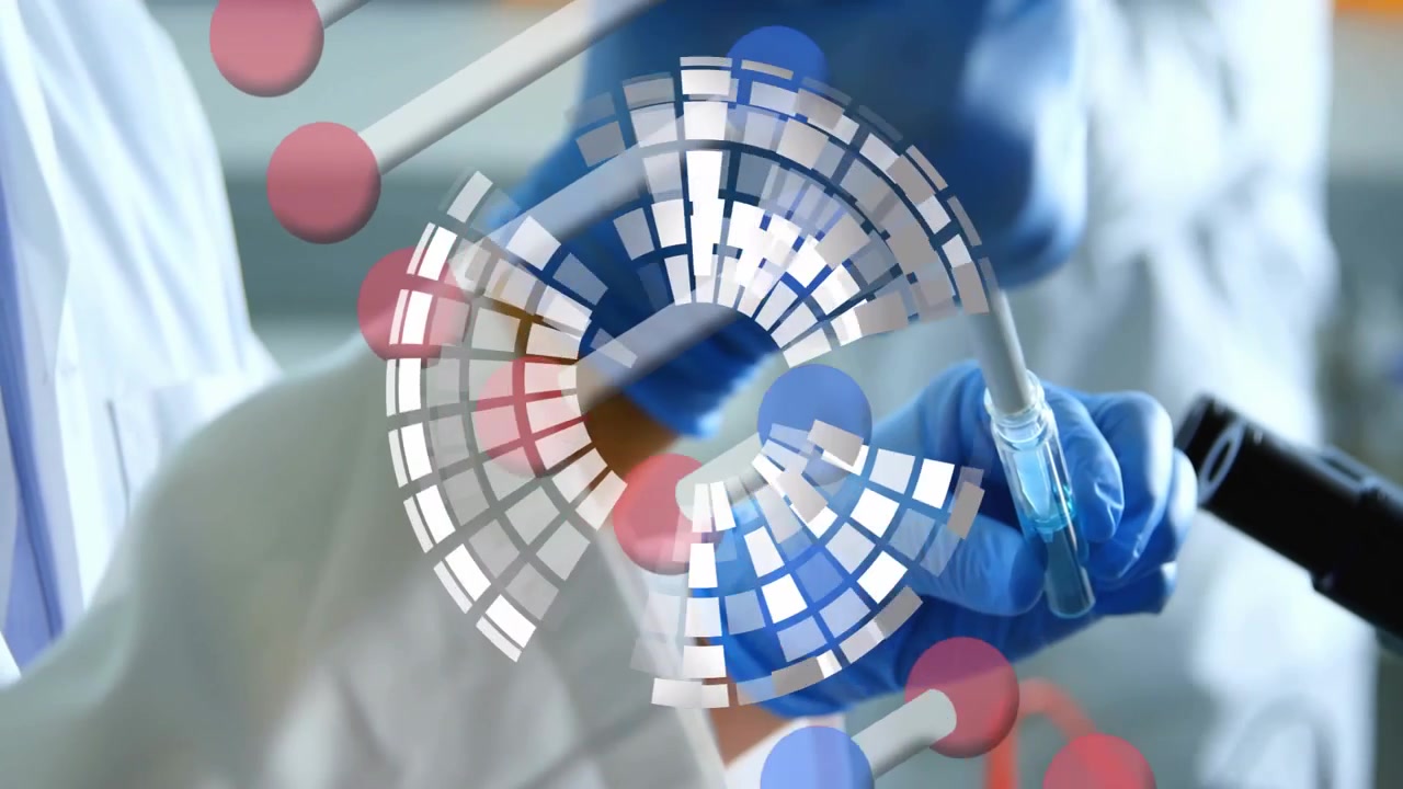Scientist holding pipette tip with blue fluid as molecular model fading rotating depicting changes