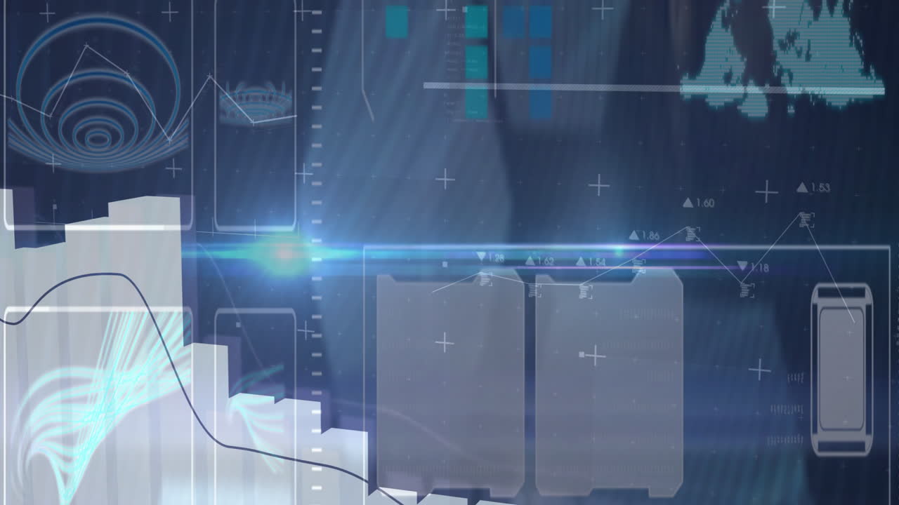 Animation of futuristic digital interface with graphs and data processing in school